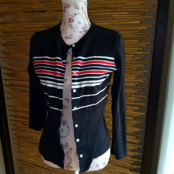 Briercreek S Black White Red Cotton Blend Striped Button Down Top - Picture 1 of 3